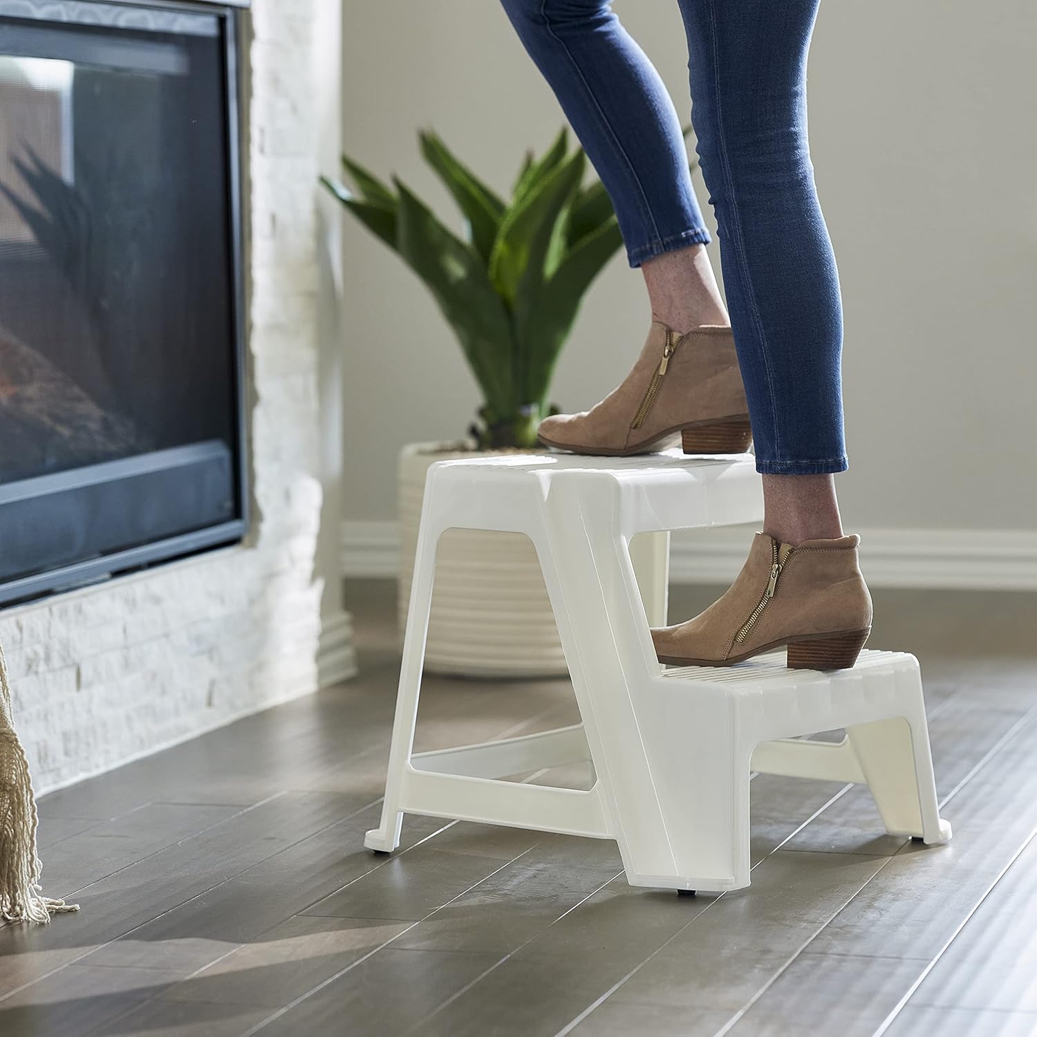 Gracious Living 2-Step Plastic Stool, 300 Lb Capacity, White | Portable Step Stool for Dorm, Home, Classroom & Office, 18"L x 18.75"W x 16"H