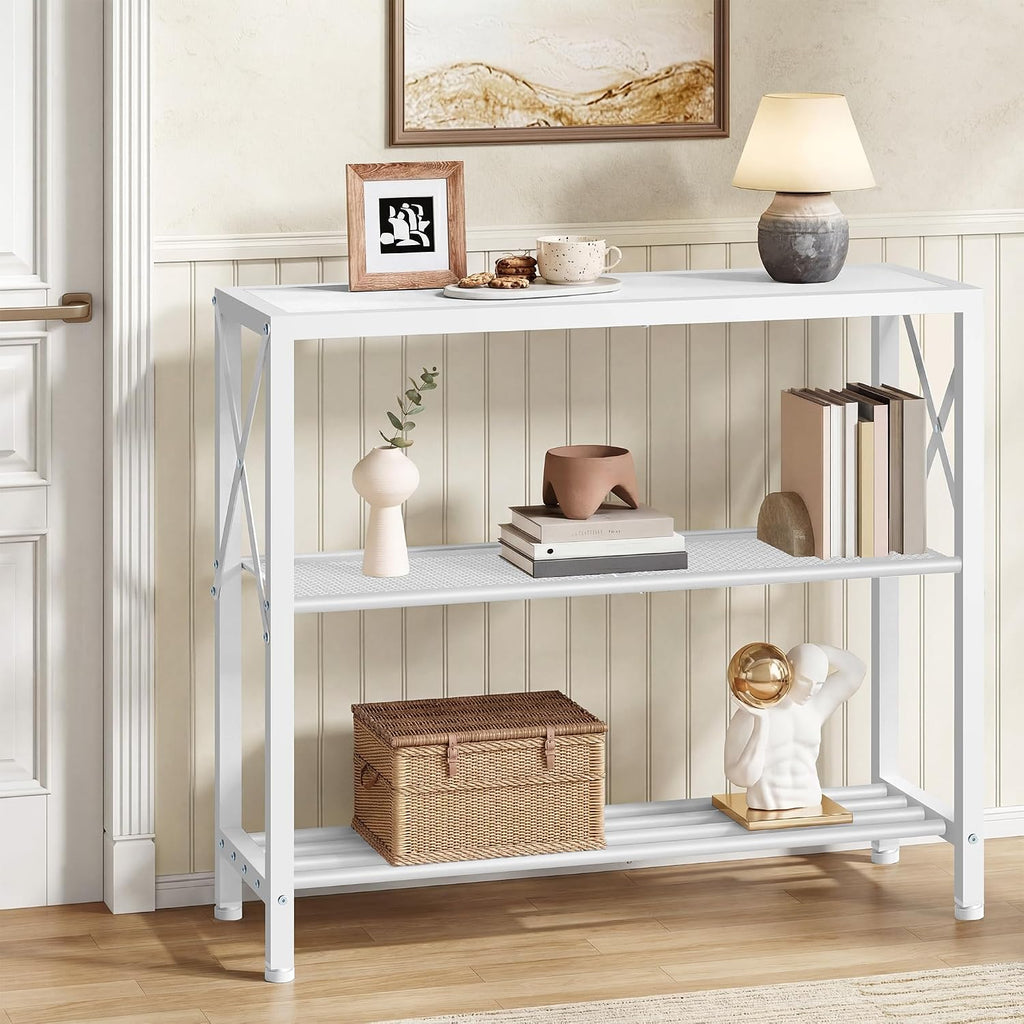 Hoctieon Industrial Console Table, 3 Tier Entryway Table, Metal Frame, Sofa Table with Shelf, Hallway Table, Entrance Table for Entryway, Living Room, Foyer, Hallway, White