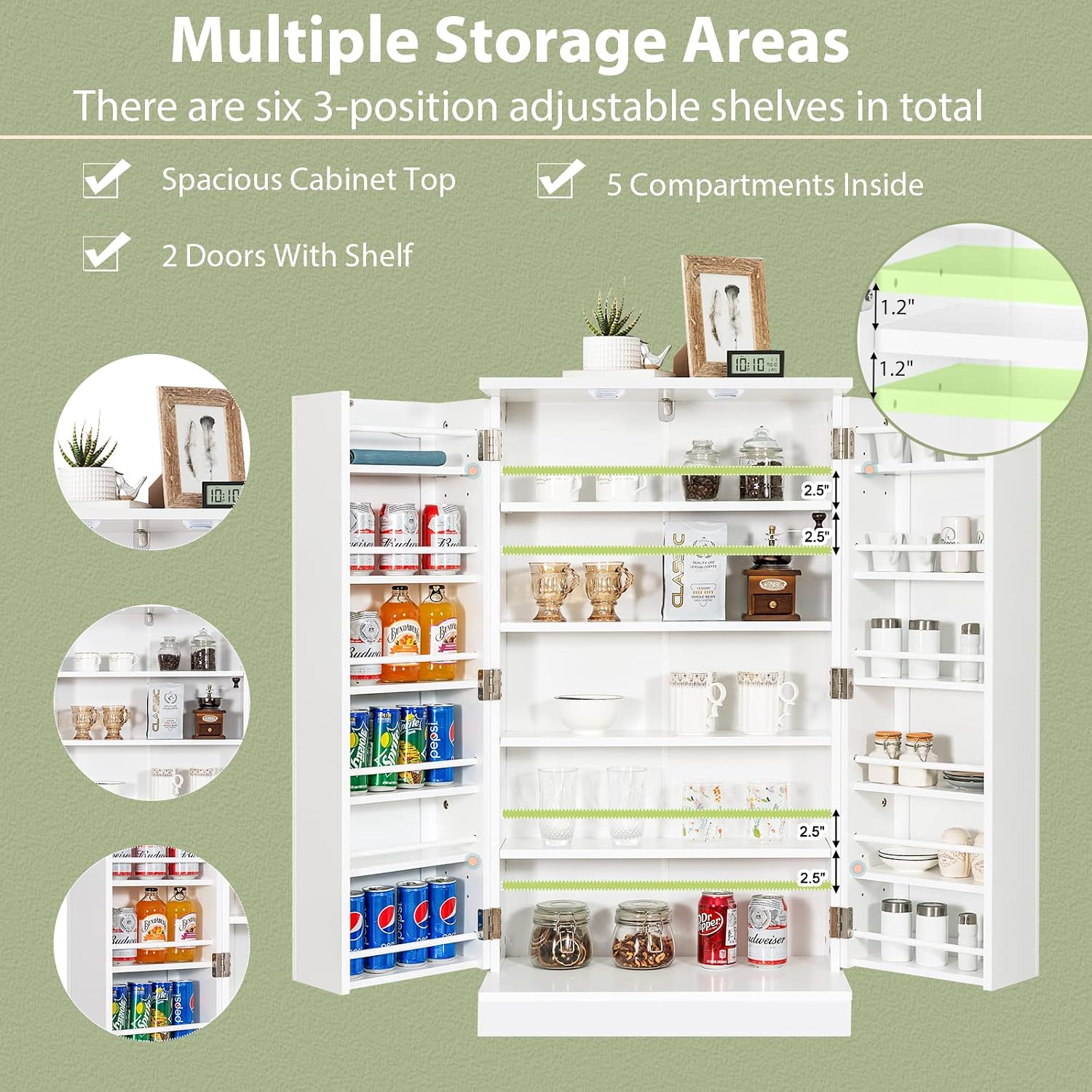 Tangkula Kitchen Pantry Cabinet, 17-Tier Buffet Sideboard with 2 Doors and 6 Adjustable Shelves, Kitchen Storage Cabinet, Space Saving Cupboard for Dining Room Living Room, 23 x 12 x 41 Inch (White)