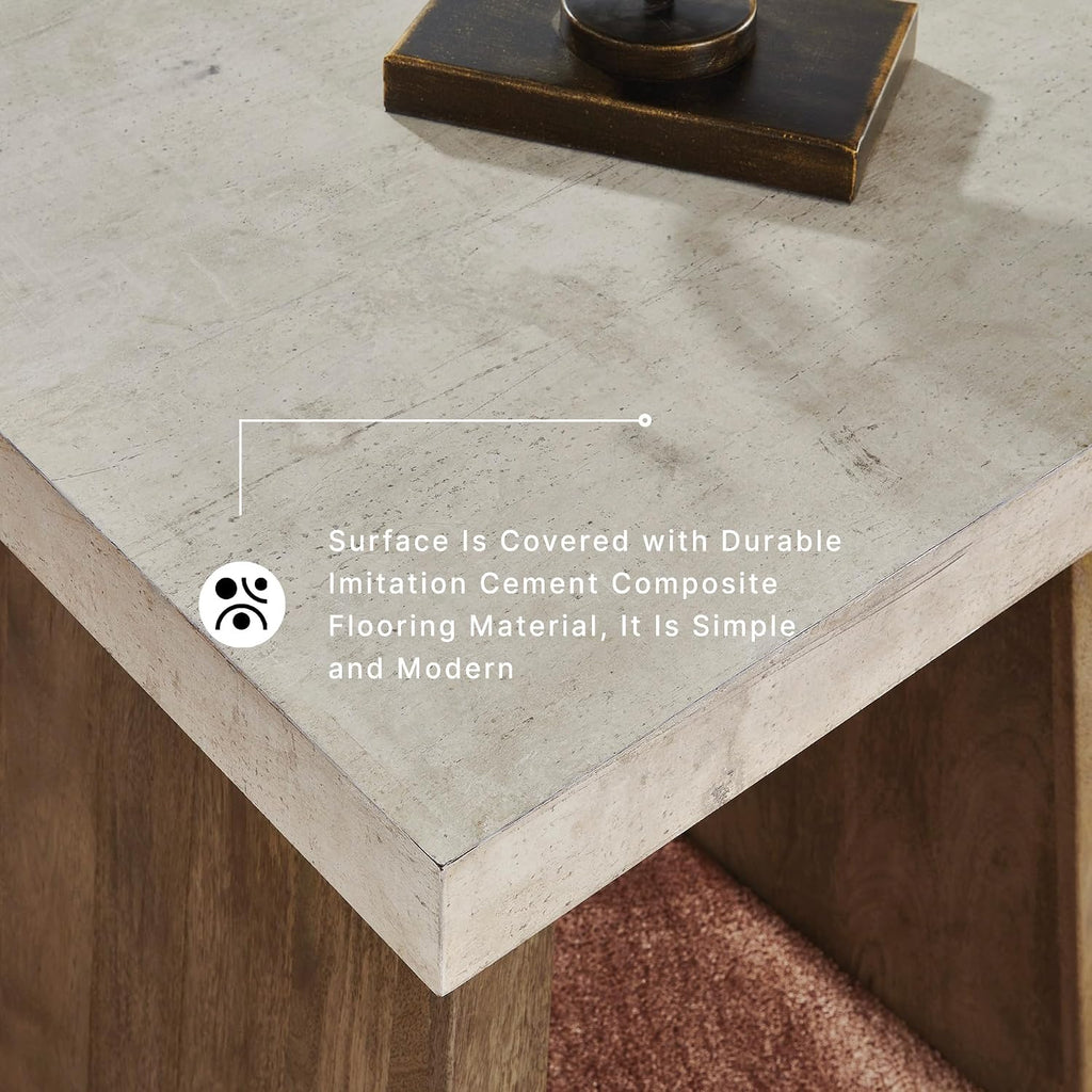 Signature Design by Ashley Brendalhouse Casual End Table with Faux Cement Top and Double Plinth Base, Solid Mango Wood, Melamine Laminate, Casually Cool Design, Light Brown & White
