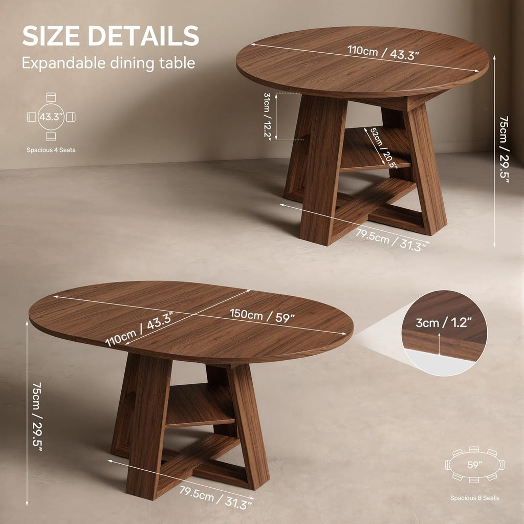 Miereirl 43.3‑59 in Round Extendable Dining Table for 4-6, Modern Oval Dining Table with Removable Leaf and Pedestal Base, Expandable Kitchen Table for Dining Room, Apartment