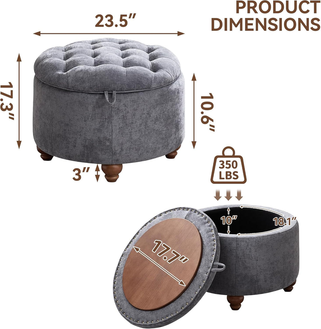 WUTUTUEE 24Inch Round Storage Ottoman with Tray, Modern Tufted Circle Coffee Table with Storage, Upholstered Ottoman with Removable Top for Living Room, Bedroom, Chenille Blue