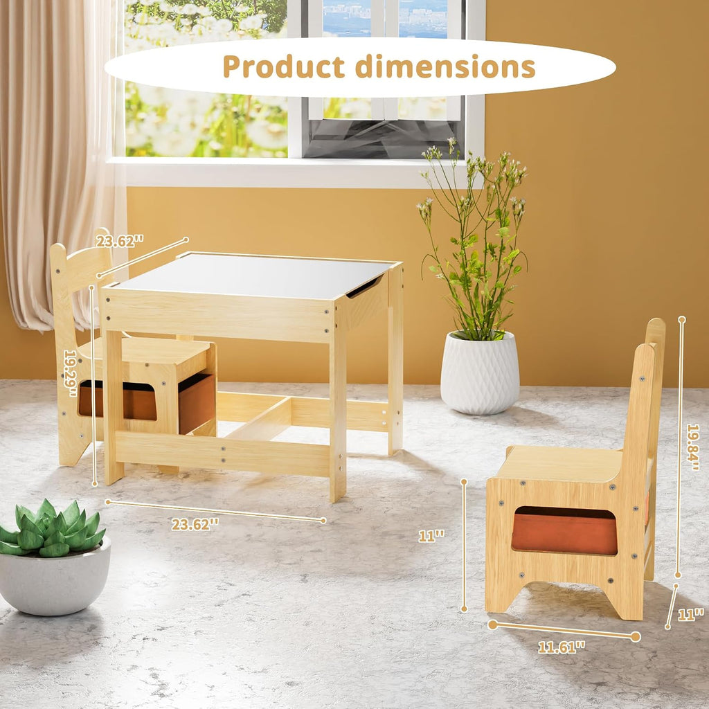 Kids Table and Chair Set, Wooden Activity Table with Storage Drawer, Detachable Tabletop for Toddlers Drawing, Reading, Art Crafts, Kids Learning Table and Chair Set for Home, Playroom (Wood color)