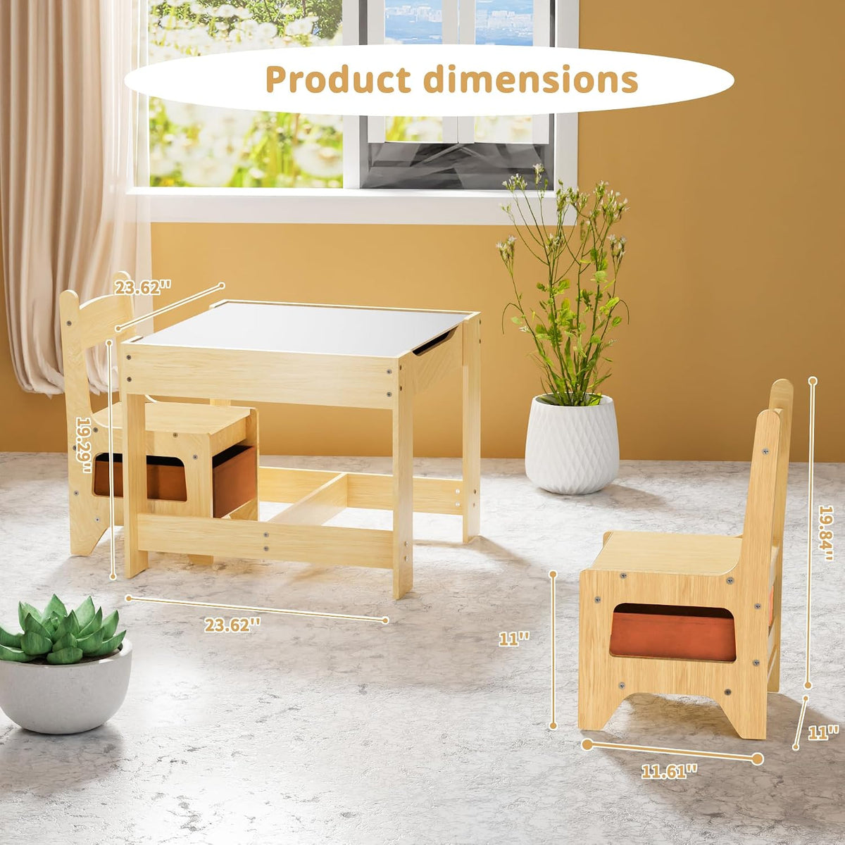 Kids Table and Chair Set, Wooden Activity Table with Storage Drawer, Detachable Tabletop for Toddlers Drawing, Reading, Art Crafts, Kids Learning Table and Chair Set for Home, Playroom (Wood color)