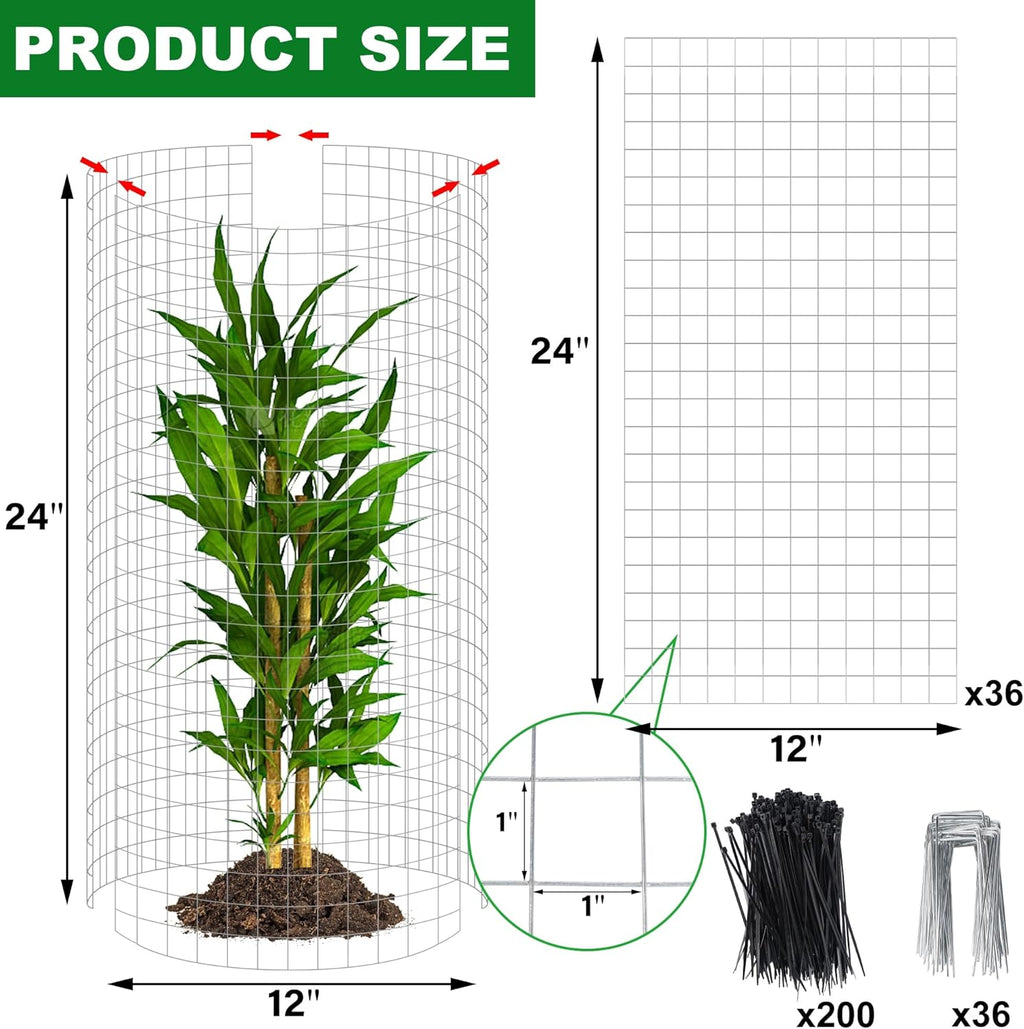 winemana 12 Set Garden Plant Protector Cage, 24x12 in Metal Wire Protectors for Plants, Protection Cages with Stakes & Nylon Ties, Animals Barrier to Keep Rabbit & Chicken Away from Flower Vegetables