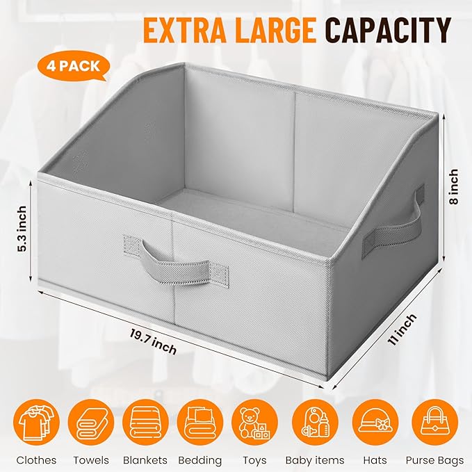 Extra Large Closet Organizers Bins 4 Pack - Blanket Basket for Organizing/Home Clothes Storage Bins for Jeans/Toy Organizers for Nursery/Wardrobe Shelf Closet Organization for Purse Hats Towel