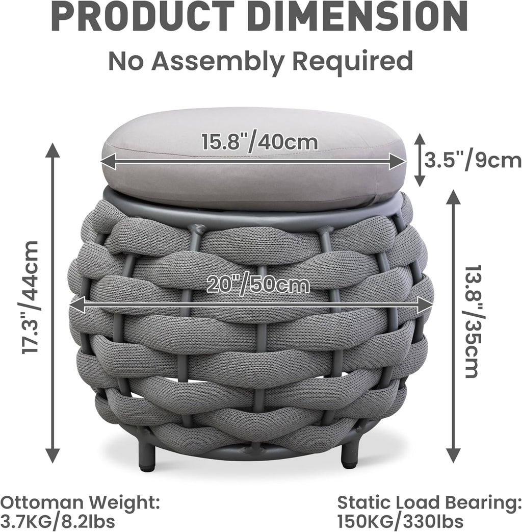 Round Patio Ottoman: Woven Textilene Rope Footstool with φ15.8'' Cushion, Aluminum Frame Footrest, All-Weather Foot Rest for Balcony Garden Deck Outdoor, No Assembly, Dark Gray