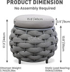 Round Patio Ottoman: Woven Textilene Rope Footstool with φ15.8'' Cushion, Aluminum Frame Footrest, All-Weather Foot Rest for Balcony Garden Deck Outdoor, No Assembly, Dark Gray