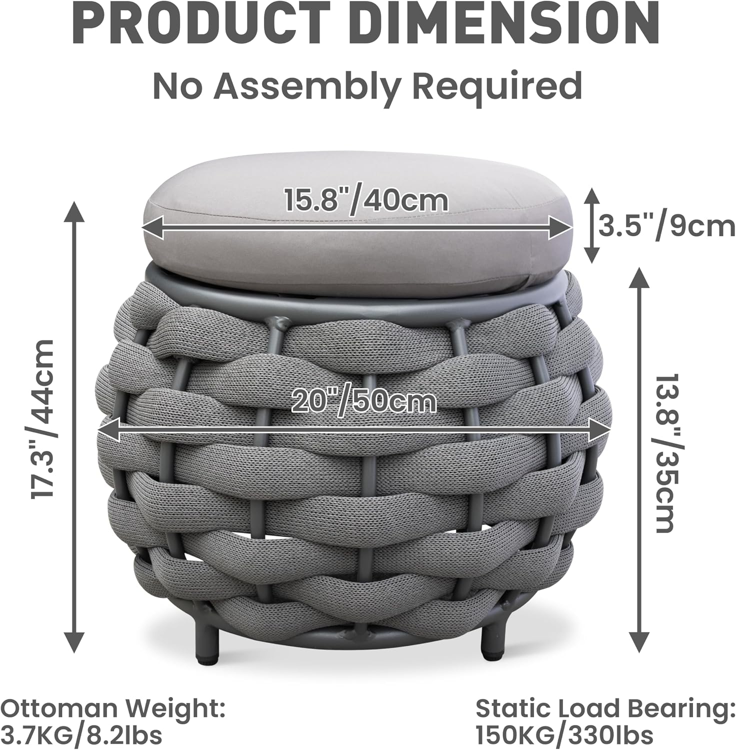 Round Patio Ottoman: Woven Textilene Rope Footstool with φ15.8'' Cushion, Aluminum Frame Footrest, All-Weather Foot Rest for Balcony Garden Deck Outdoor, No Assembly, Dark Gray