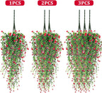 Artificial Hanging Flowers, 3 Pcs Fake Hanging Plants Artificial Vines for Outdoors, Fake Ivy Vine UV Resistant No Fade Faux Plants for Indoor Outside Garden Patio Yard Greenery Decoration (Red)