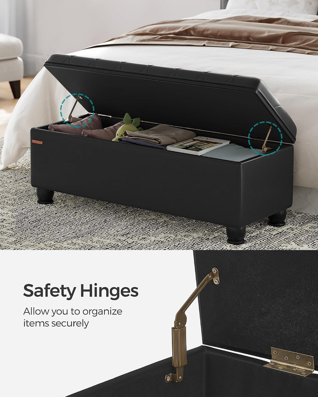 SONGMICS Storage Ottoman, 46.5 Inches Long Bed End Stool, Solid Wood Legs | Buttons Decoration, Non-Slip Foot Pads, 330.7 lb Load Capacity, Ink Black, MACEO Collection ULOM071B01