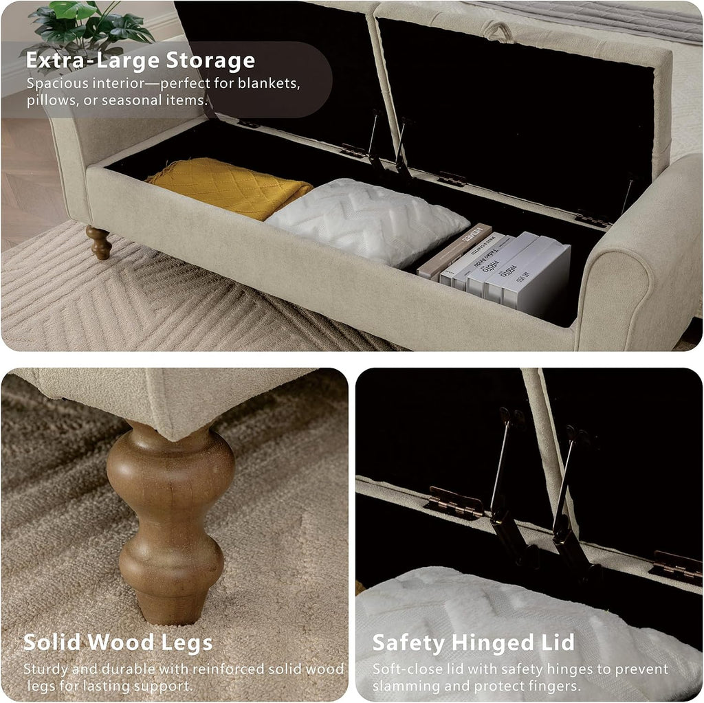 Storage Bench for Bedroom, 65.2'' Tufted End of Bed King Size Upholstered Extra-Long Bench with Dual Flip-Top Lids for Entryway, Hallway, Cloakroom, Window, Griege.
