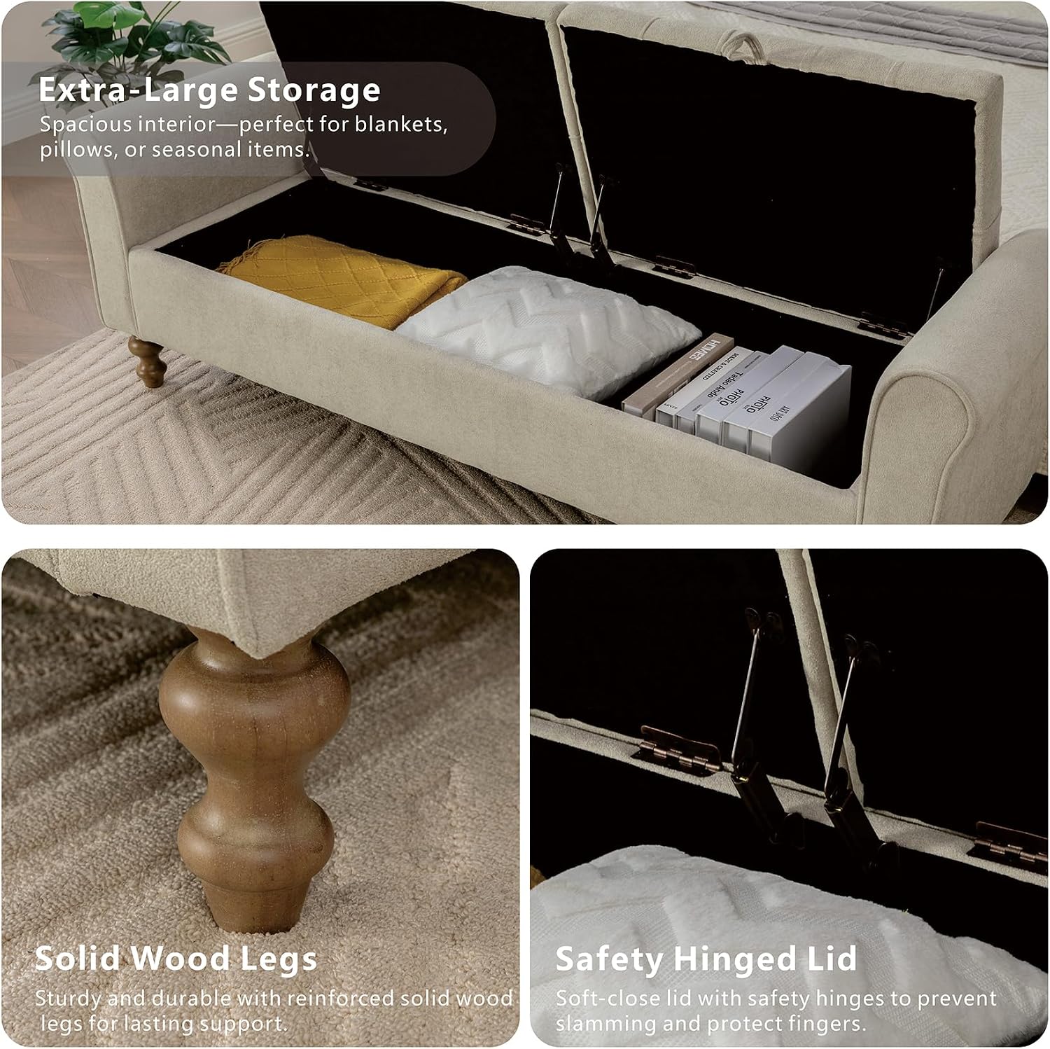 Storage Bench for Bedroom, 65.2'' Tufted End of Bed King Size Upholstered Extra-Long Bench with Dual Flip-Top Lids for Entryway, Hallway, Cloakroom, Window, Griege.