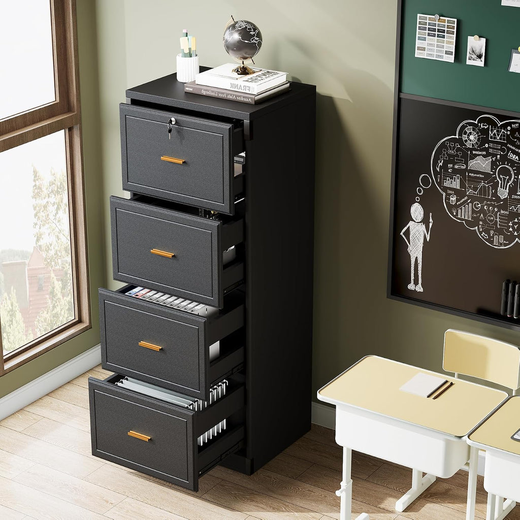 Tribesigns 4 Drawer File Cabinet with Lock, Filing Cabinets for Home Office | Vertical Wooden File Cabinet with Key, Modern Style, Tall Office Storage Cabinet for Legal Size/Letter/A4/Files, Black