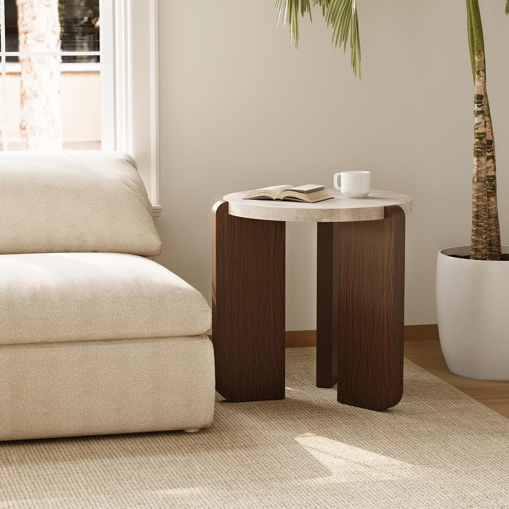 HOMPUS Farmhouse Round End Table, French Country White Bedside Table, Faux Marble Tabletop Sofa Table, Accent Side Table for Living Room, Bedroom, Office, Small Spaces, Easy Assembly (White + Brown)