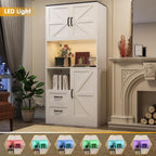 Kitchen Pantry Storage Cabinet with LED Lights and Power Strip, Tall Farmhouse Kitchen Pantry with Barn Doors and Drawers, Adjustable Shelves for Dining Living Room (White)