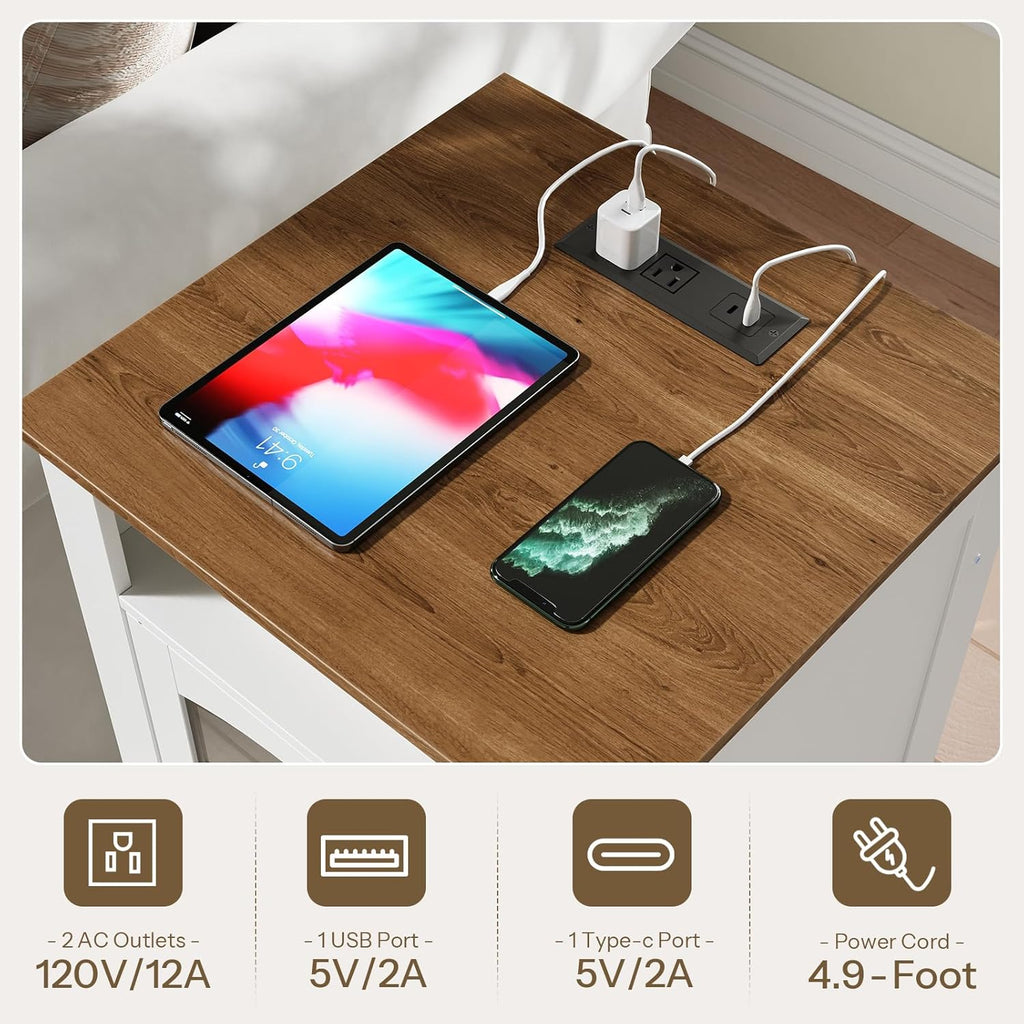 HOOBRO Farmhouse End Table for Living Room, 17.7" Wide Nightstand with Charging Station, Wooden Sofa Side Table with Tempered Glass Barn Door and Open Shelf, White and Walnut WH405UBZ01
