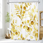 MitoVilla Yellow Floral Shower Curtain, Modern Plants Botanical Fabric Cloth Shower Curtains for Rustic Vintage Bathroom Decor, Fall Watercolor Eucalyptus Leaf, 72x72