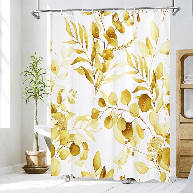 MitoVilla Yellow Floral Shower Curtain, Modern Plants Botanical Fabric Cloth Shower Curtains for Rustic Vintage Bathroom Decor, Fall Watercolor Eucalyptus Leaf, 72x72