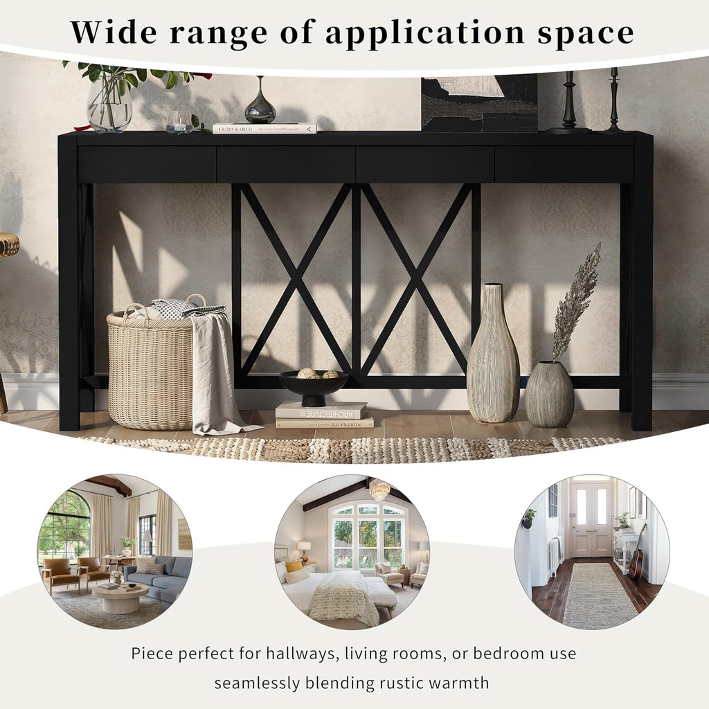 Farmhouse 60'' Console Table Sofa Table with 4 Spacious Drawers and Open Bottom Storage, Modern Crisscross Design Entryway Table for Living Room,Kitchen,Dining Room (Black-X)