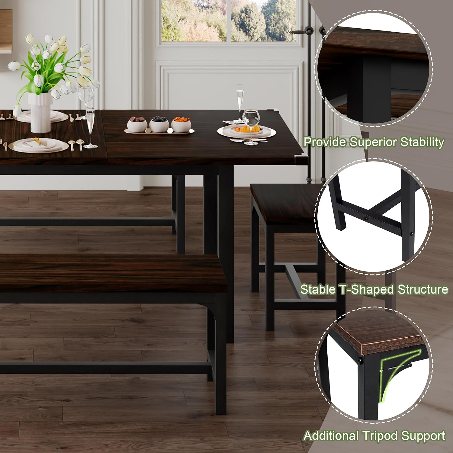 Feonase 5-Piece Dining Table Set for 4-8 People, 63" Extendable Kitchen Table Set with 2 Benches and 2 Square Stools, Dining Room Table with MDF Wood Board, Easy Clean, Dark Brown