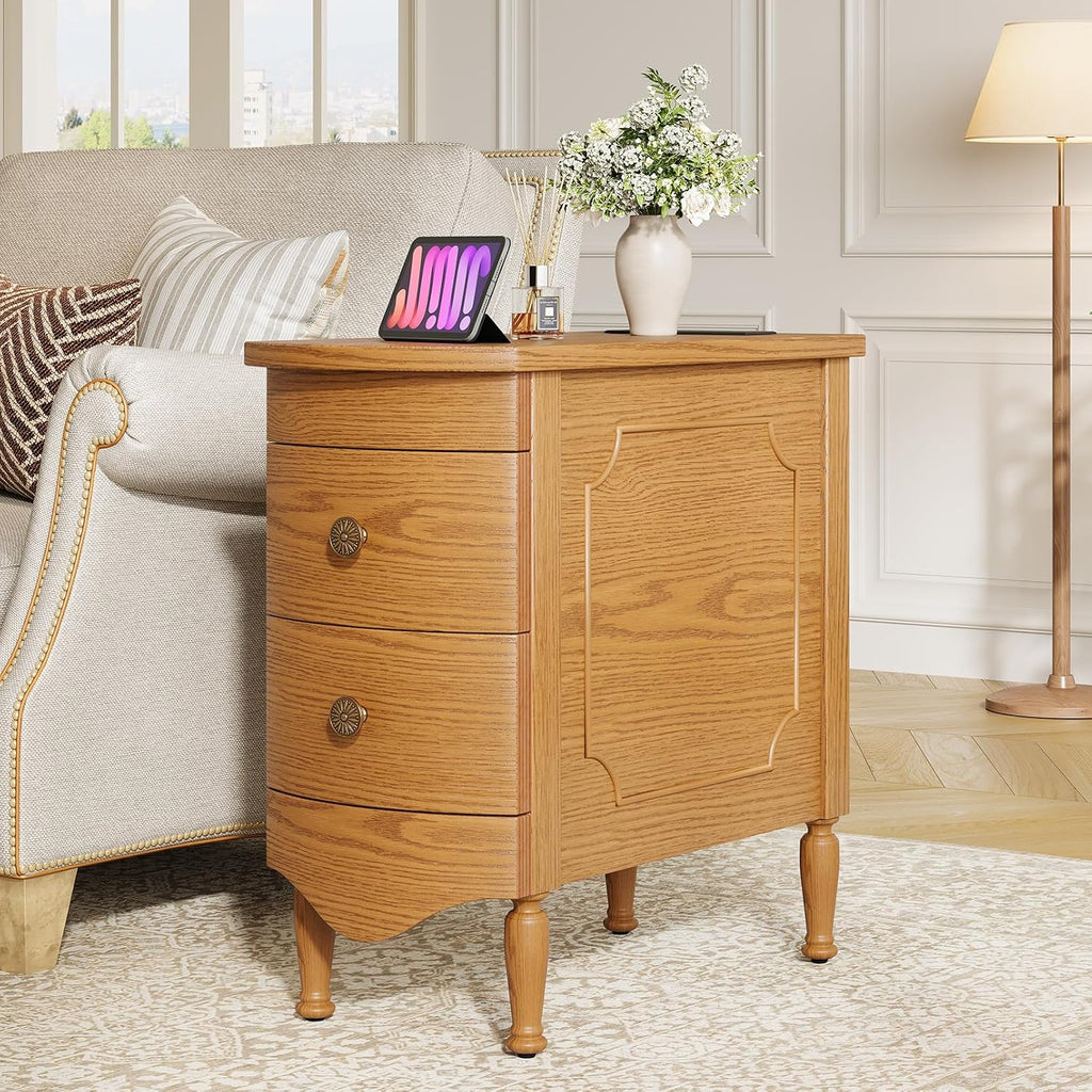 End Table Set of 2 with Charging Station, Narrow Side Table with 2 Drawer, Wood Sofa Side Table for Living Room, Vintage Slim Nightstand for Bedroom, Pre-Assembled (Light Walnut)