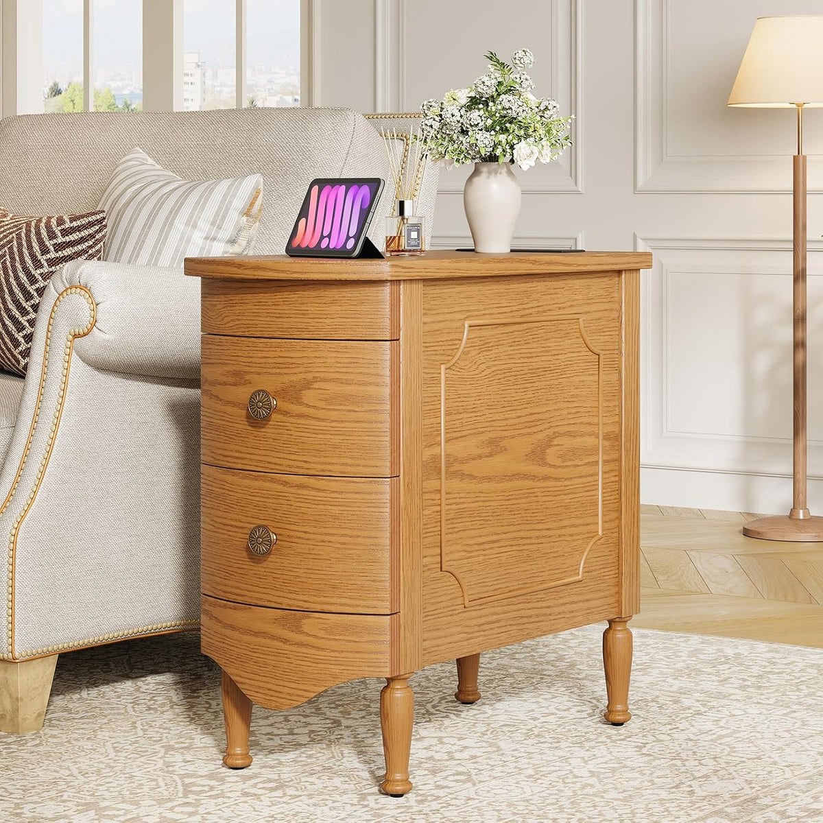 End Table Set of 2 with Charging Station, Narrow Side Table with 2 Drawer, Wood Sofa Side Table for Living Room, Vintage Slim Nightstand for Bedroom, Pre-Assembled (Light Walnut)