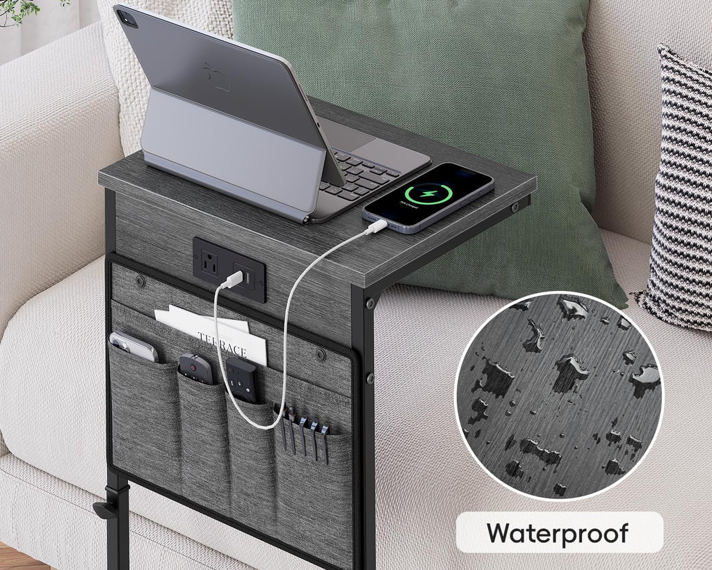 Vagusicc C-Shaped End Table with Charging Station, Small Side Table for Couch, 33" Tall Adjustable Height C Table, Couch Tables that Slide Under, Sofa Table TV Tray for Living Room, Gray Walnut