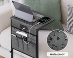 Vagusicc C-Shaped End Table with Charging Station, Small Side Table for Couch, 33" Tall Adjustable Height C Table, Couch Tables that Slide Under, Sofa Table TV Tray for Living Room, Gray Walnut