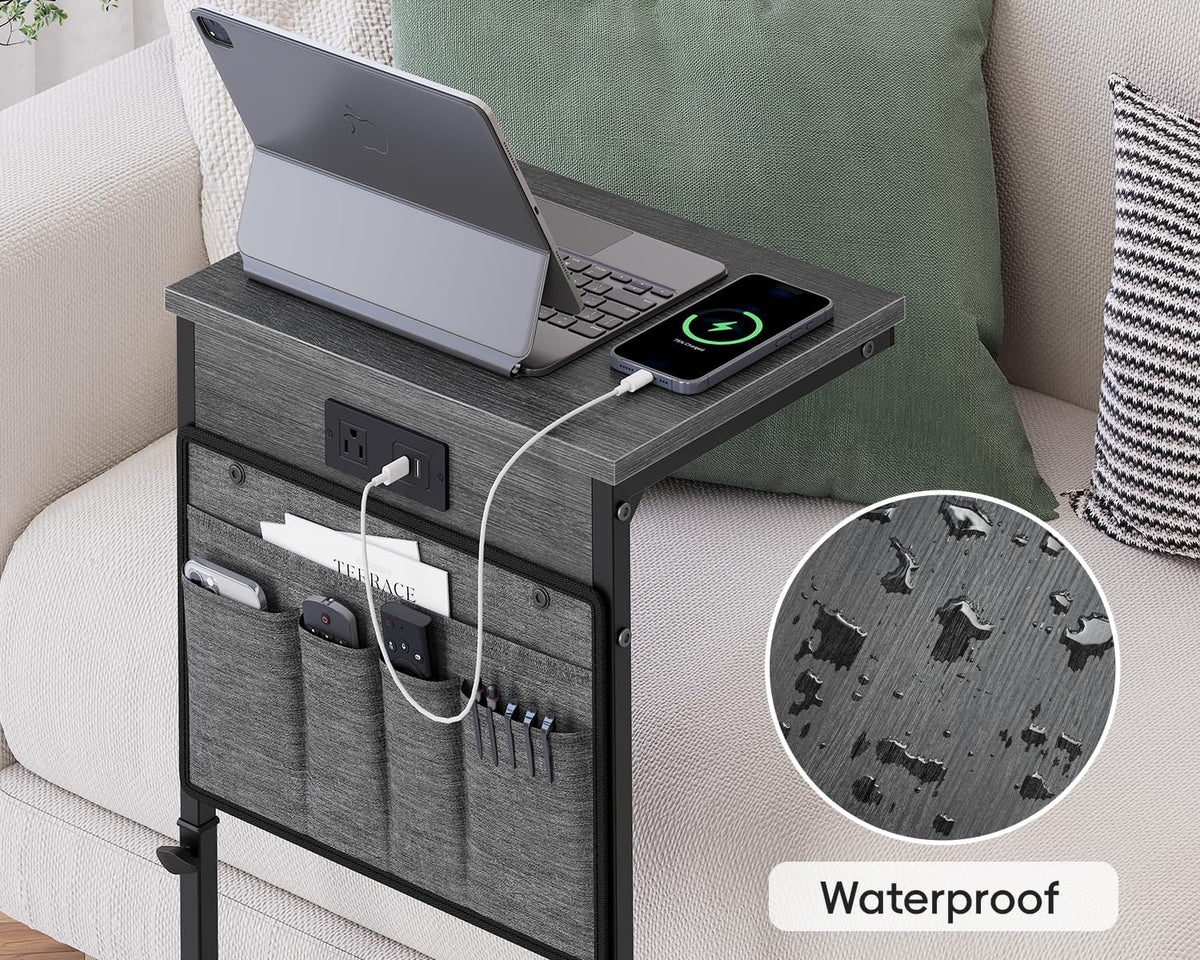 Vagusicc C-Shaped End Table with Charging Station, Small Side Table for Couch, 33" Tall Adjustable Height C Table, Couch Tables that Slide Under, Sofa Table TV Tray for Living Room, Gray Walnut