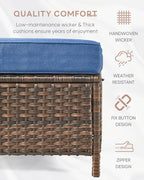 Patio Ottoman Outdoor Wicker Side Table - 2PCS Multipurpose Heavy Duty All-Weather Brown Rattan Extra Seating Bench Footrest Footstool for Garden Back Porch Poolside Apartment - Navy Blue