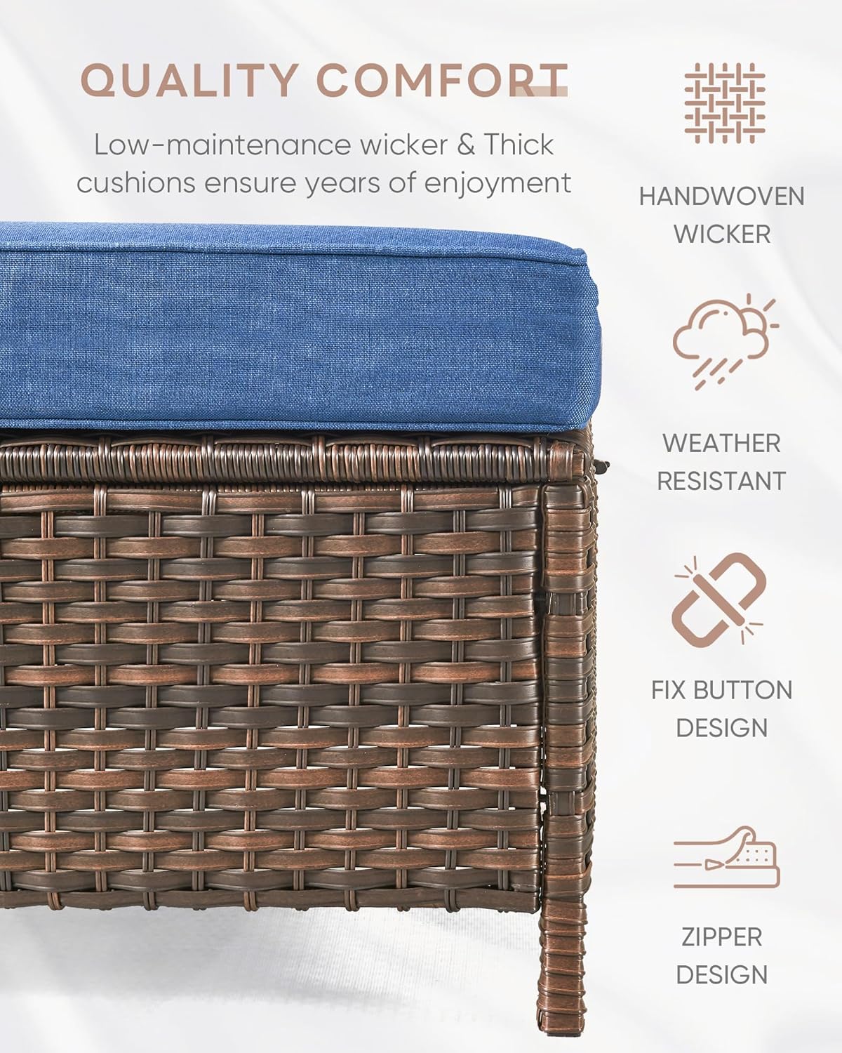 Patio Ottoman Outdoor Wicker Side Table - 2PCS Multipurpose Heavy Duty All-Weather Brown Rattan Extra Seating Bench Footrest Footstool for Garden Back Porch Poolside Apartment - Navy Blue