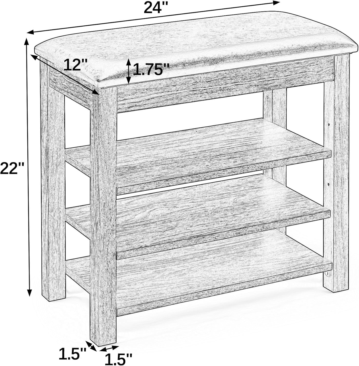 24" Short Entryway Shoe Storage Bench with Cushion, Height Adjustable 3-Tier Rubberwood Shoe Rack with Hidden Compartment, Brown Wood Shoe Organizer for Small Spaces