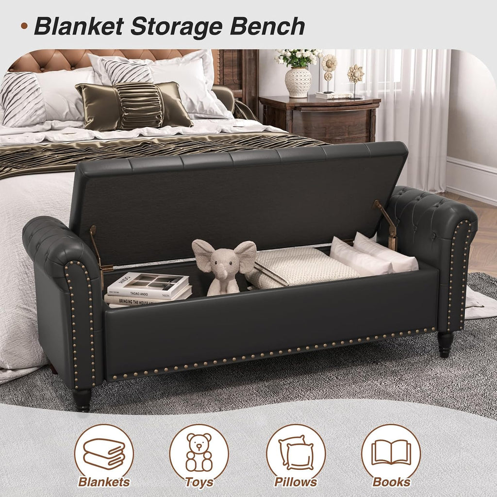 FiveWillowise 65" Bedroom Bench, End of Bed Bench with Storage, Black