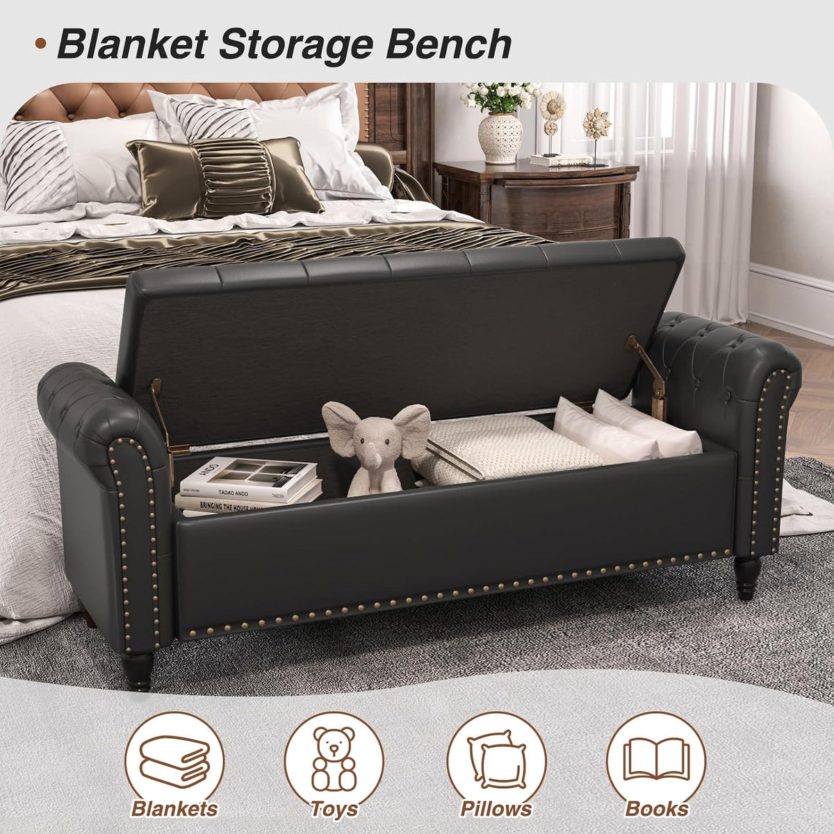FiveWillowise 65" Bedroom Bench, End of Bed Bench with Storage, Black