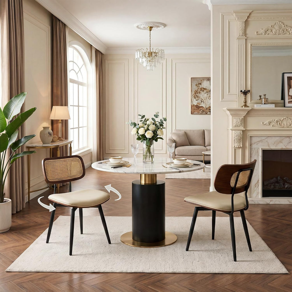 Swivel Dining Chairs with Rattan Back, Rattan Leather Dining Chairs with Swivel Metal Legs, Mid-Century Modern Synthetic Leather Upholstered Kitchen Chair, Set of 2, Beige