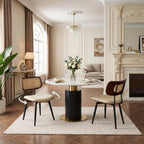 Swivel Dining Chairs with Rattan Back, Rattan Leather Dining Chairs with Swivel Metal Legs, Mid-Century Modern Synthetic Leather Upholstered Kitchen Chair, Set of 2, Beige