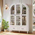 70.8'' Tall Arched Kitchen Pantry Cabinet, Large Farmhouse Storage Cabinet with Glass Doors, Display Case, Wood Bookshelf with 2 Drawers & Adjustable Shelves, Kitchen Pantry for Living Room, White