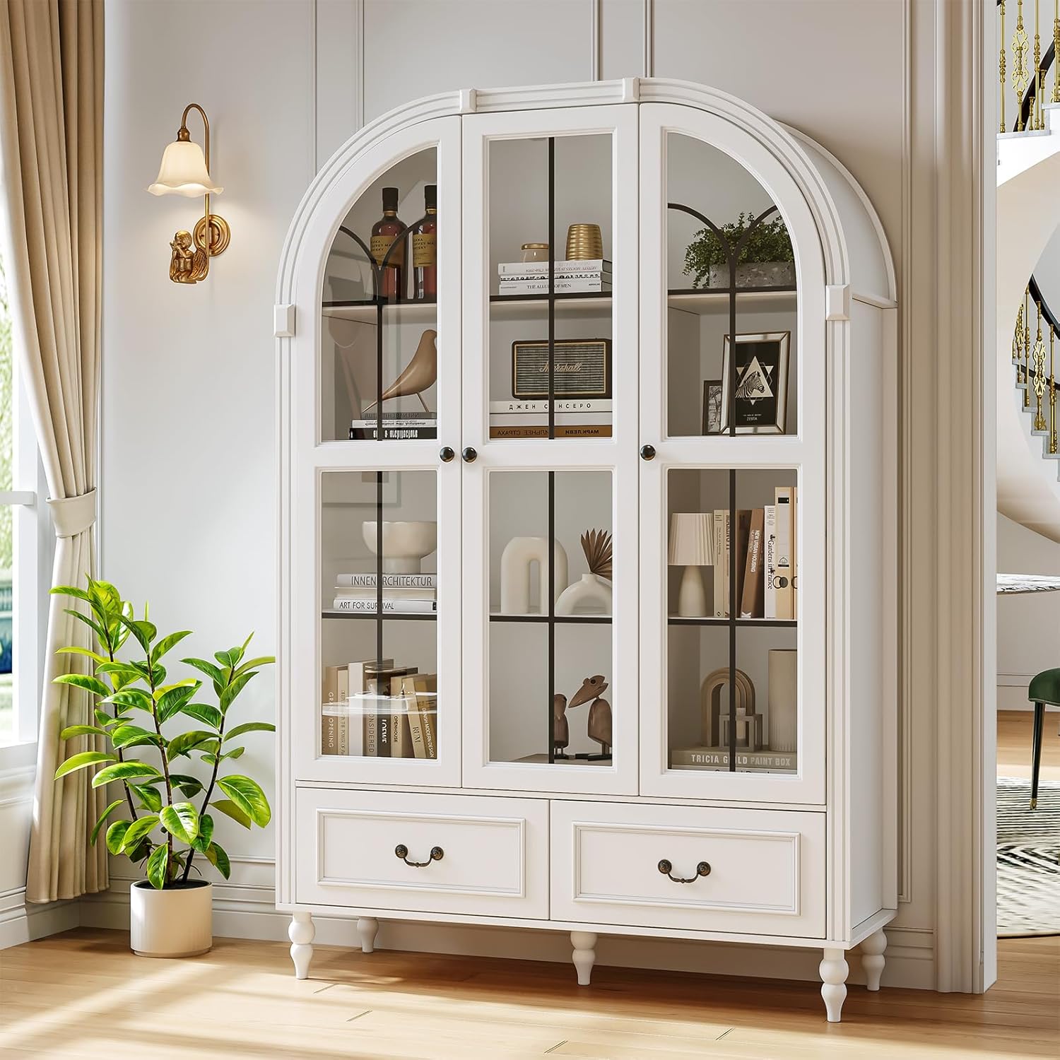 70.8'' Tall Arched Kitchen Pantry Cabinet, Large Farmhouse Storage Cabinet with Glass Doors, Display Case, Wood Bookshelf with 2 Drawers & Adjustable Shelves, Kitchen Pantry for Living Room, White