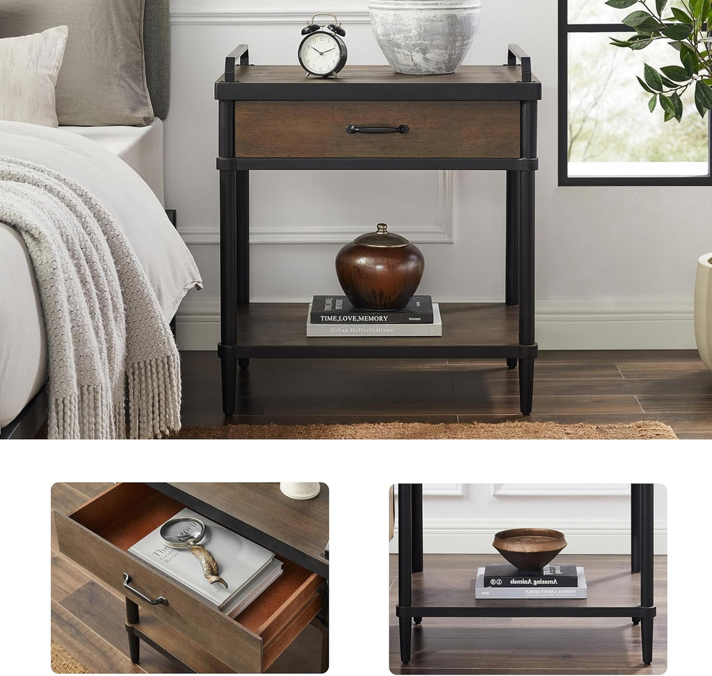 Art Leon Side Table - Mid Century Modern Night Stand, Bedside Table with Wood Drawer, End Table with Storage Shelf for Living Room, Walnut