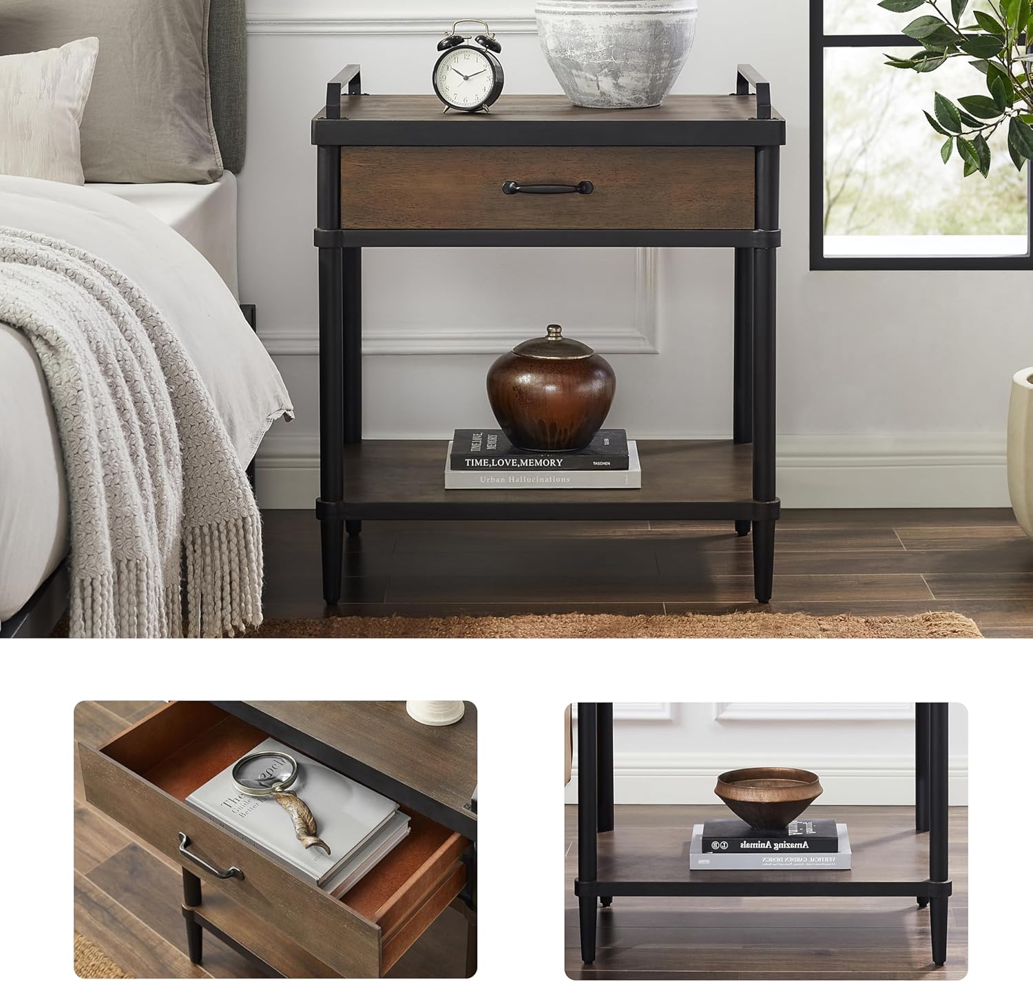 Art Leon Side Table - Mid Century Modern Night Stand, Bedside Table with Wood Drawer, End Table with Storage Shelf for Living Room, Walnut