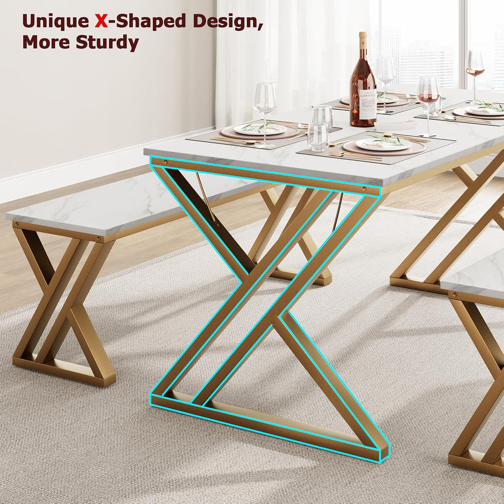 GAOMON Dining Table Bench Set for 4, Kitchen Table Set With 2 Benches, Rectangular Dining Room Table Set With Faux Marble Tabletop, Sturdy Metal Frame, Saving Space for Kitchen, Dining Room, Apartment