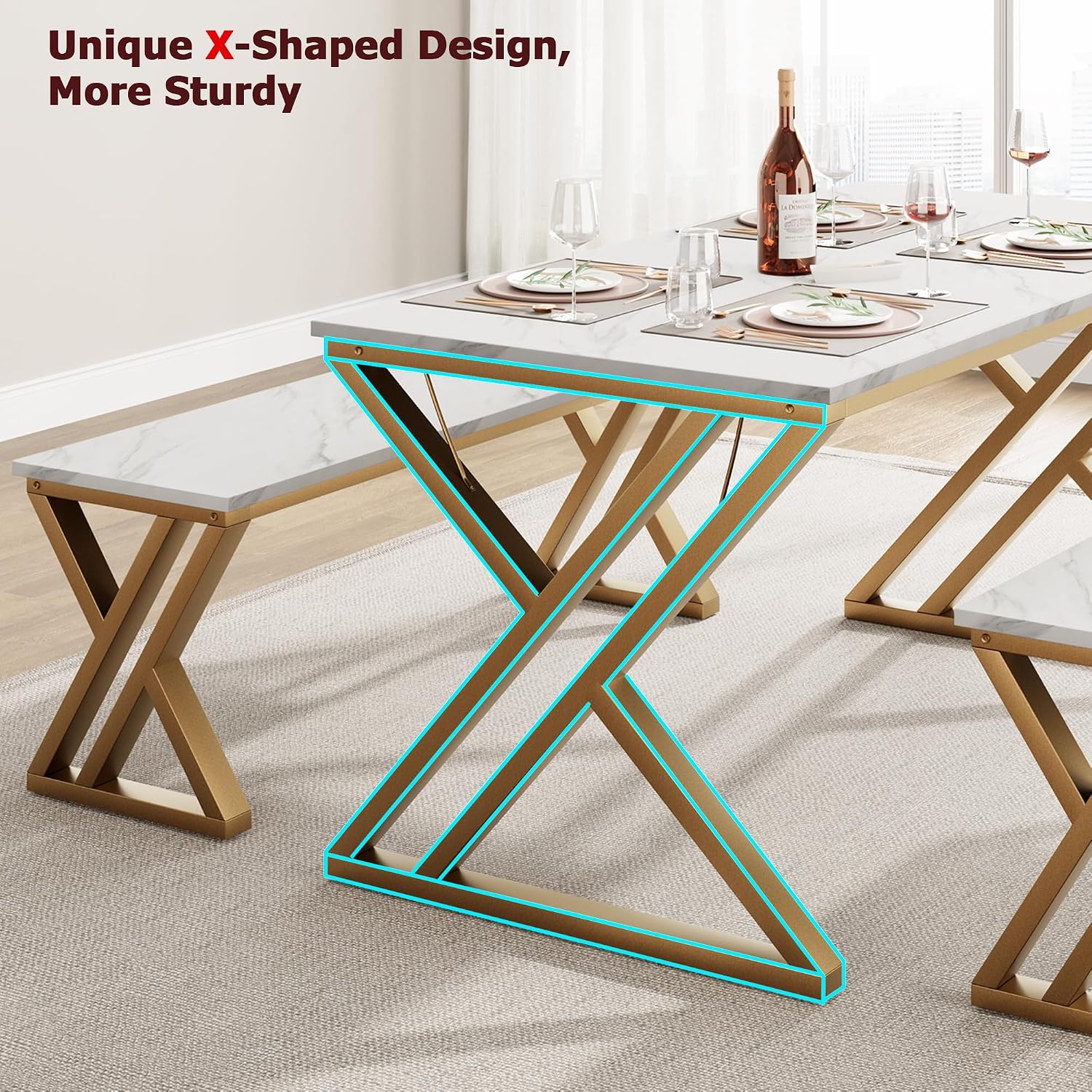GAOMON Dining Table Bench Set for 4, Kitchen Table Set With 2 Benches, Rectangular Dining Room Table Set With Faux Marble Tabletop, Sturdy Metal Frame, Saving Space for Kitchen, Dining Room, Apartment