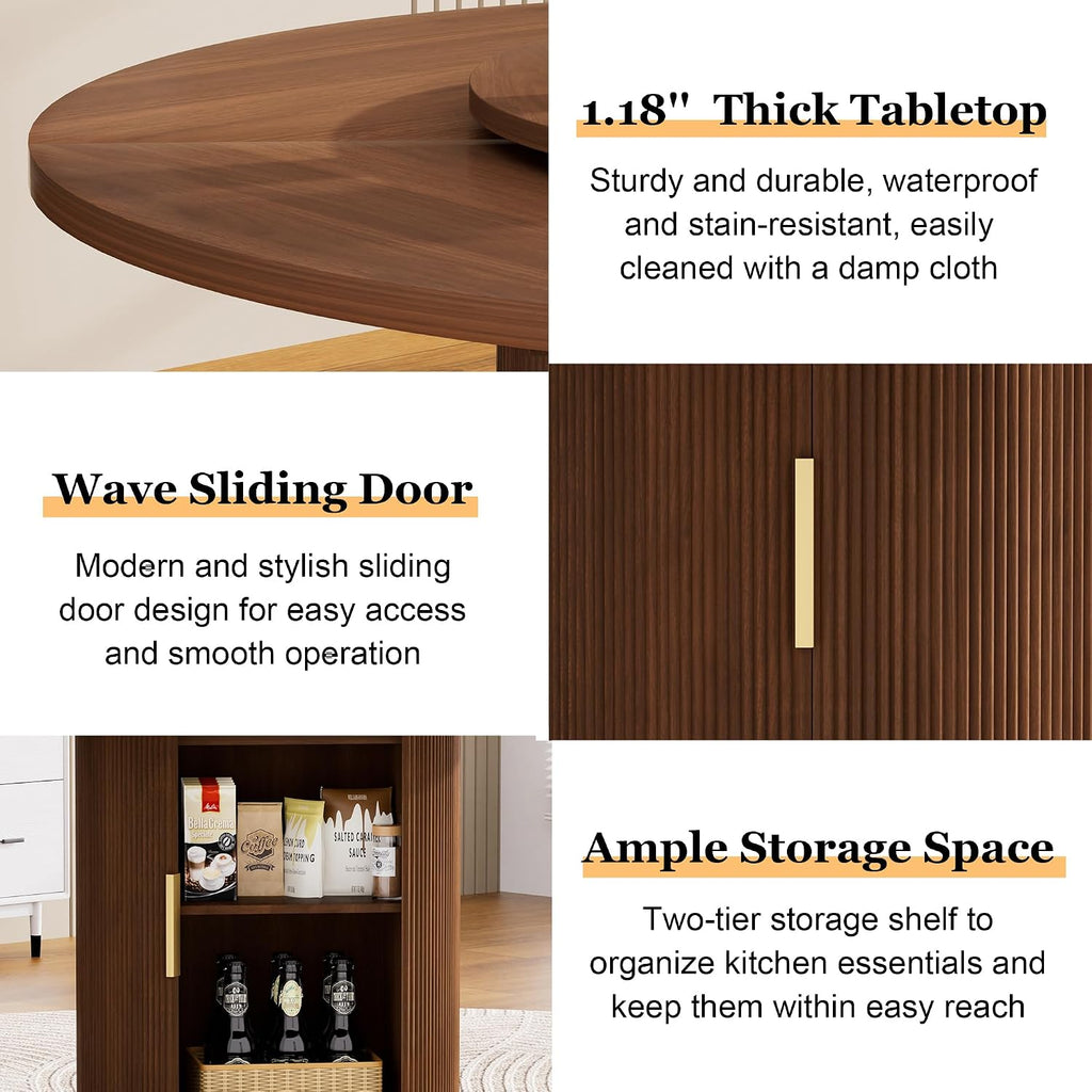 55'' Round Dining Table for 4-6, Mid-Century Modern Kitchen Table with Rotating Tray and 2-Layer Storage Shelf, Wood Slide Door Dining Room Table for Home Living Room, Walnut
