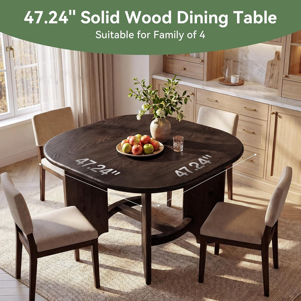 Solid Wood Square Dining Table for 4, 47.24-Inch Farmhouse Kitchen Dinner Table, Sturdy Rustic Dining Room Furniture, Table Only, Walnut
