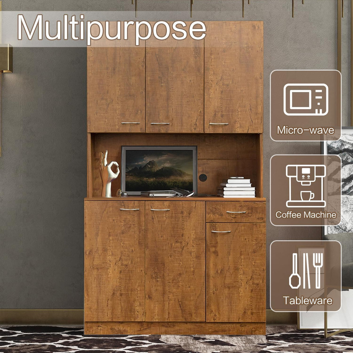71" Kitchen Pantry Cabinets with Microwave Stand, 6 Doors & 3 Adjustable Shelves, Freestanding China Cabinet Hutch, Buffet Cabinet with Storage, Walnut