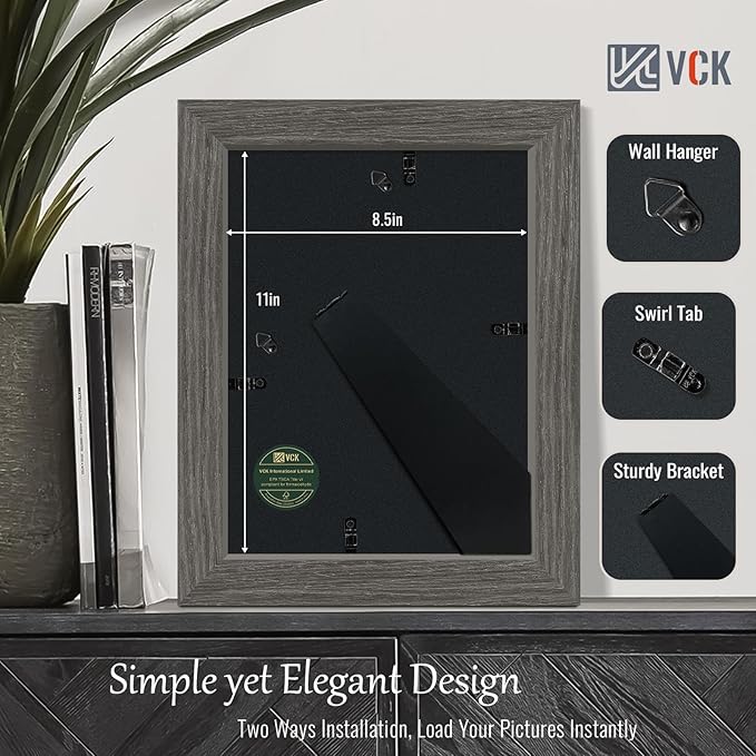 VCK 8.5x11 Picture Frame Set of 4 - Grey, Gallery-Quality Wood Poster Frames, 1.1-Inch Wide Border, Polished Plexiglass, Vertical or Horizontal Wall & Tabletop Display for Photo/Art/Prints, Grey