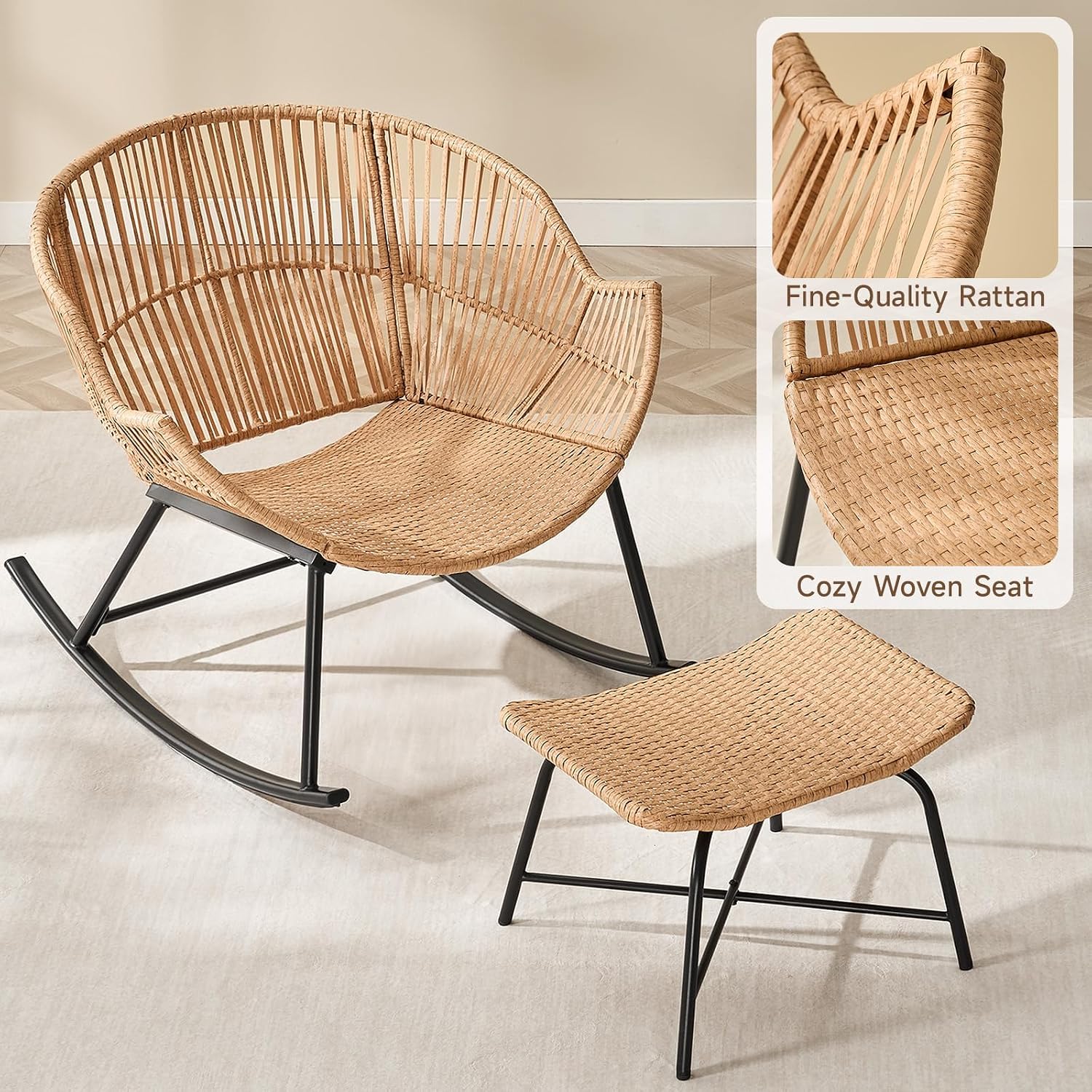 ONBRILL Papasan Rocking Chair with Ottoman,Oversized Papasan Chair with Padded Cushion, Indoor & Outdoor Rocker Chair for Living Room, Patio, Garden, Light Gray