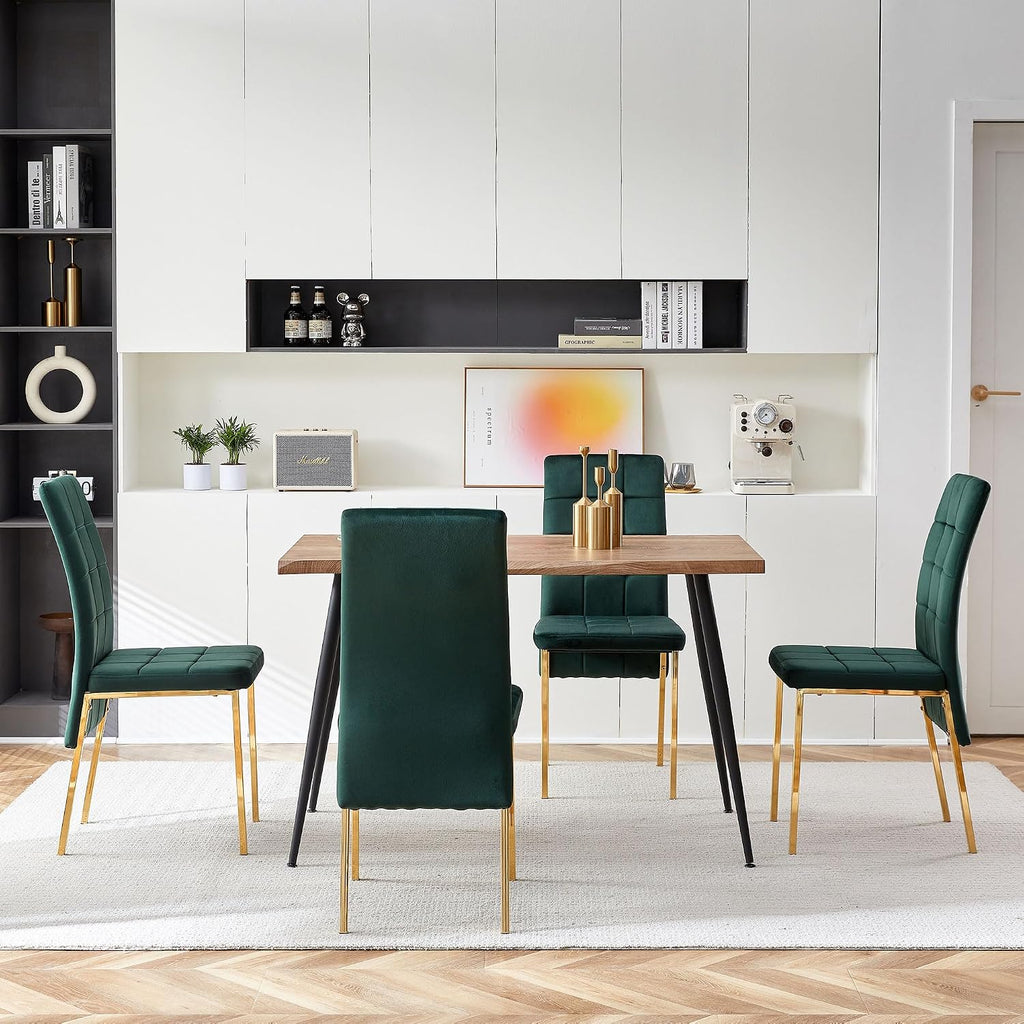 Howtek Rectangular Dining Table Set for 4, Mid Century Modern with 4 Dark Green Upholstered Velvet Kitchen Chairs, Dining Room Table Set for Kitchen, Breakfast Nook, Dining Room