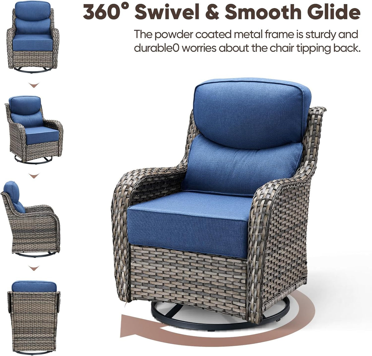Swivel Patio Chairs sofa Set of 4 with 6" Thick Cushion - Wicker Outdoor Swivel Rocker Patio Chair ,Sofa/Glass coffee table, High Back Comfortable Outdoor Glider Chairs - Grey Wicker | Blue Cushions